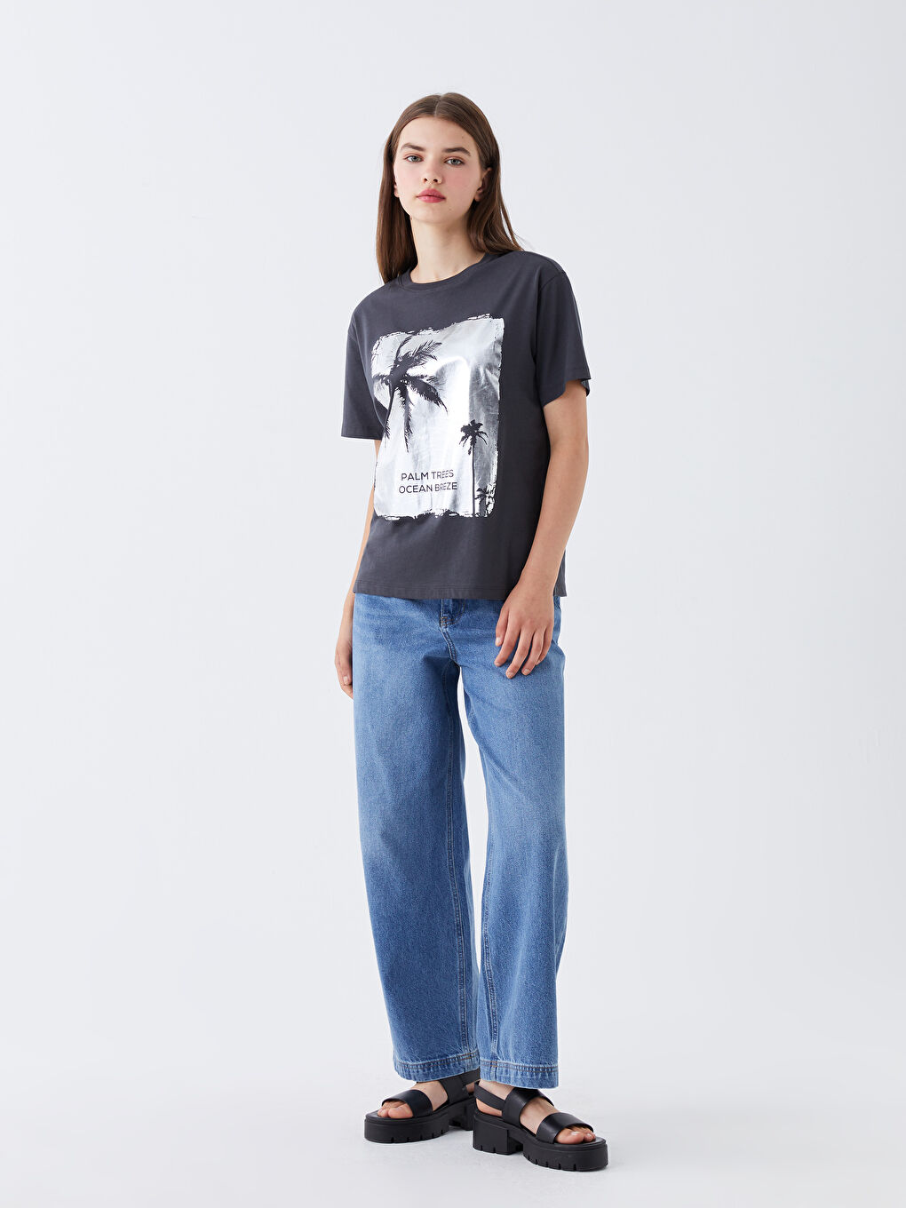 Antrasit Bisiklet Yaka Baskılı Kısa Kollu Kadın Tişört-2