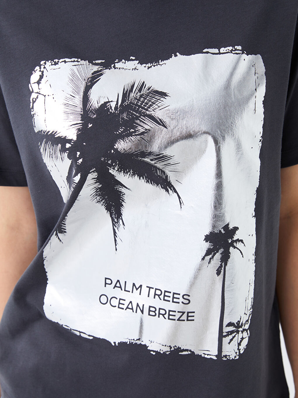 Antrasit Bisiklet Yaka Baskılı Kısa Kollu Kadın Tişört-3