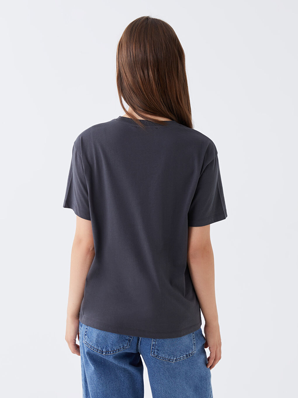 Antrasit Bisiklet Yaka Baskılı Kısa Kollu Kadın Tişört-4