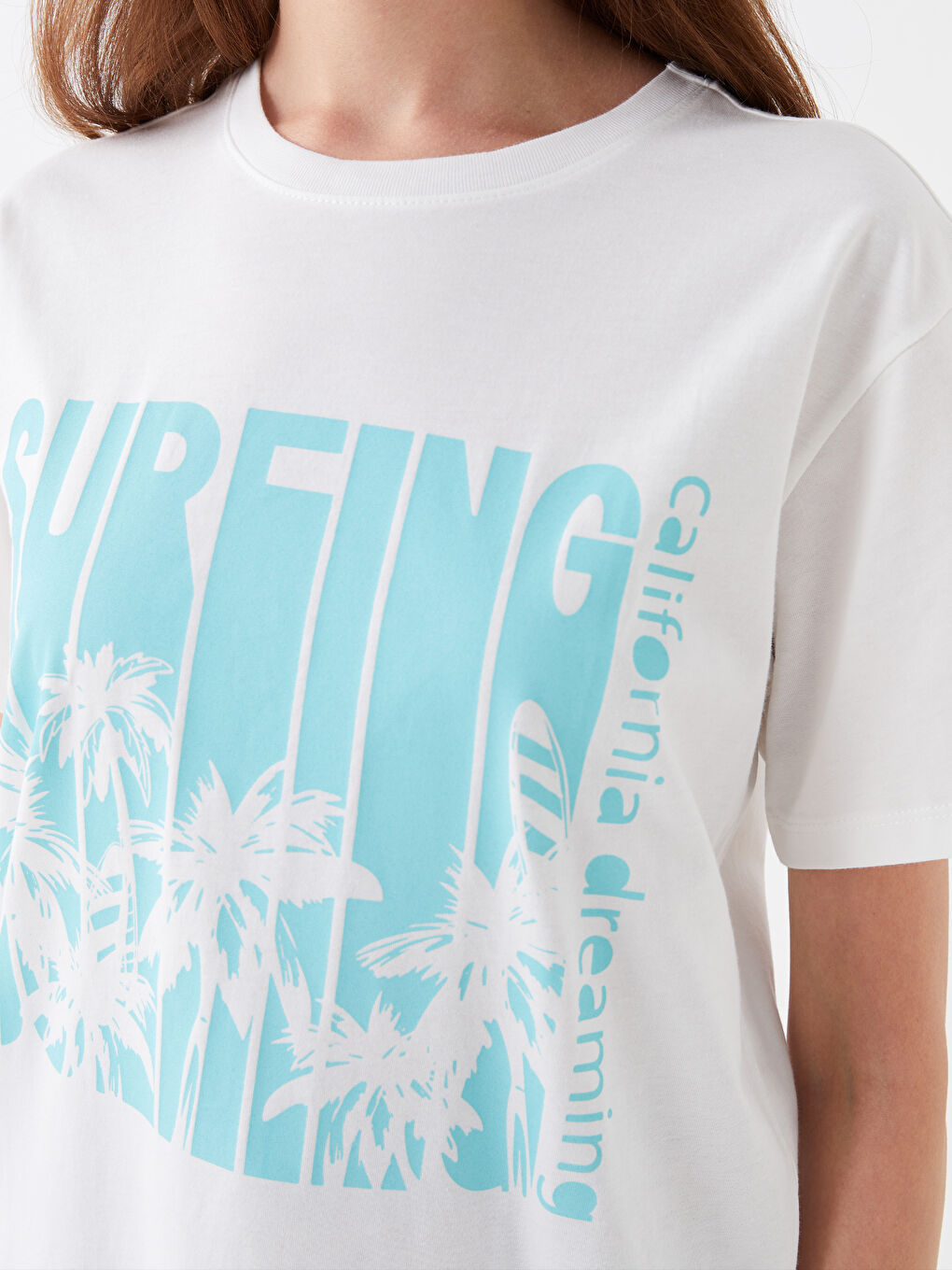 Ekru Bisiklet Yaka Baskılı Kısa Kollu Kadın Tişört-3