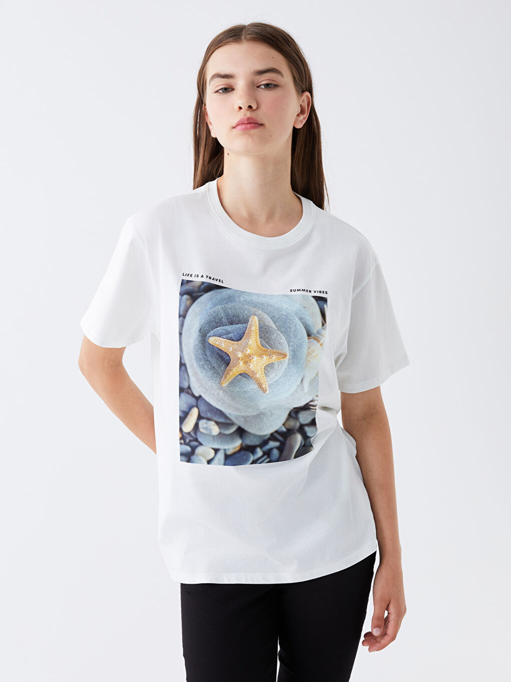 Mavi Bisiklet Yaka Baskılı Kısa Kollu Kadın Tişört