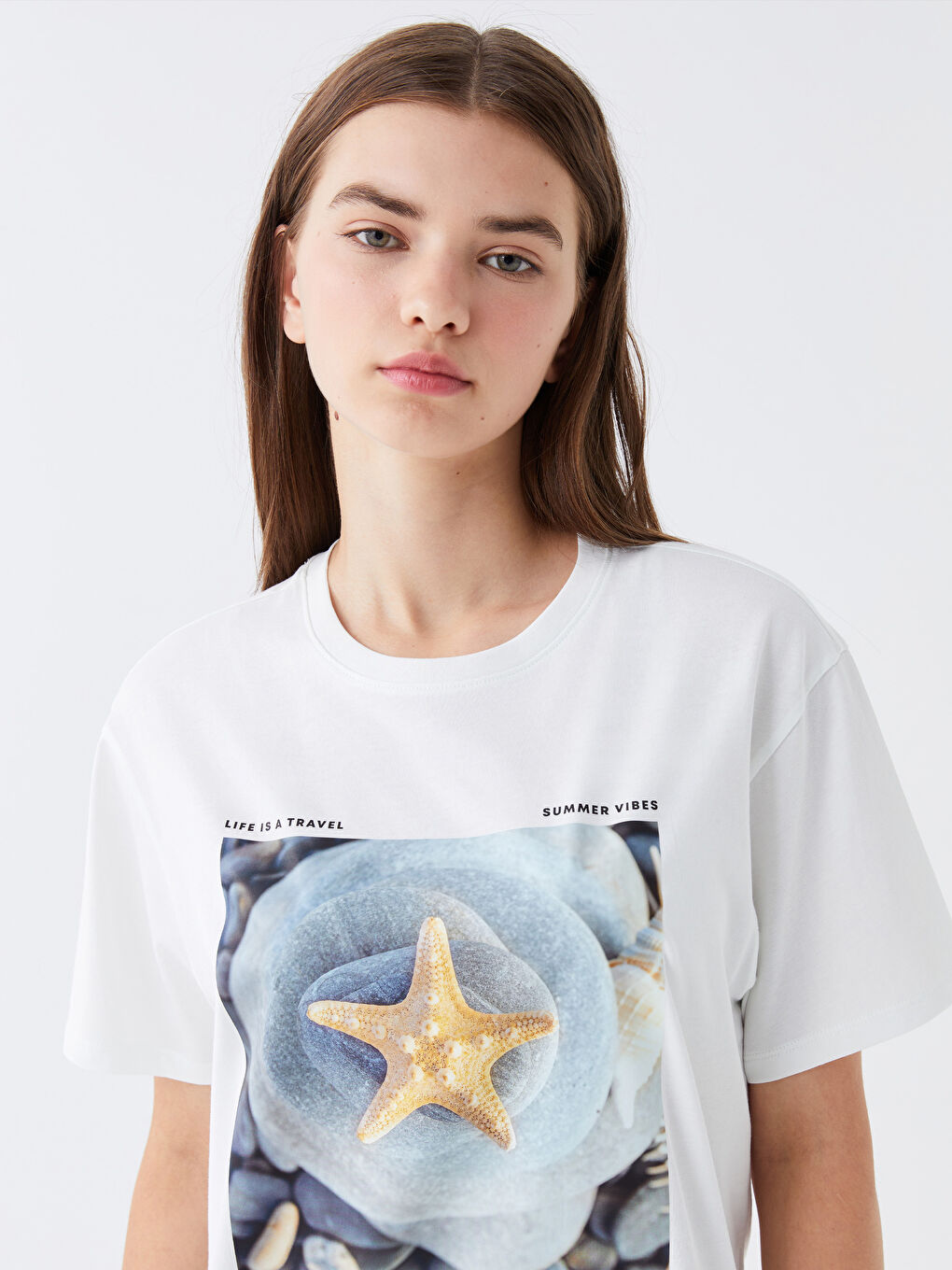 Mavi Bisiklet Yaka Baskılı Kısa Kollu Kadın Tişört-1