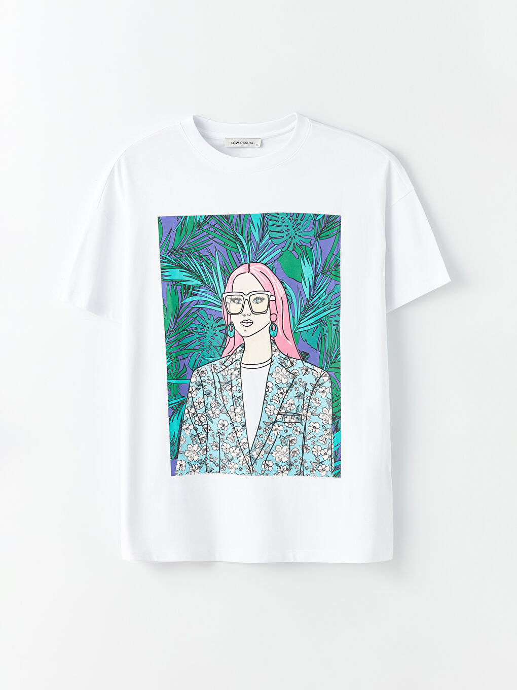 Beyaz Bisiklet Yaka Baskılı Kısa Kollu Oversize Kadın Tişört-5