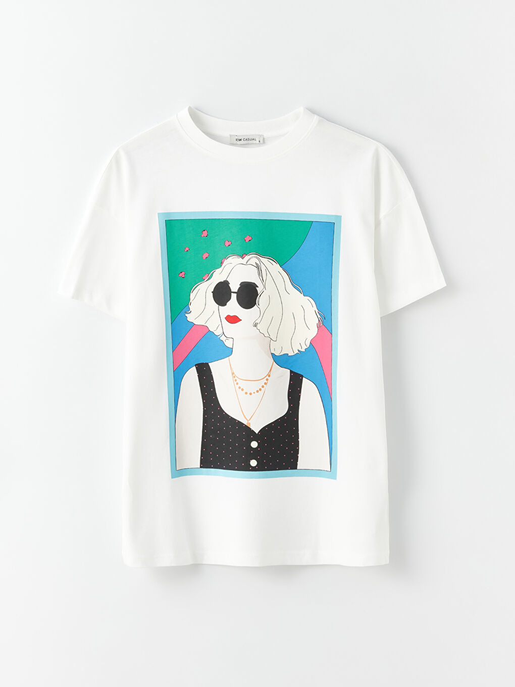 Ekru Bisiklet Yaka Baskılı Kısa Kollu Oversize Kadın Tişört-5