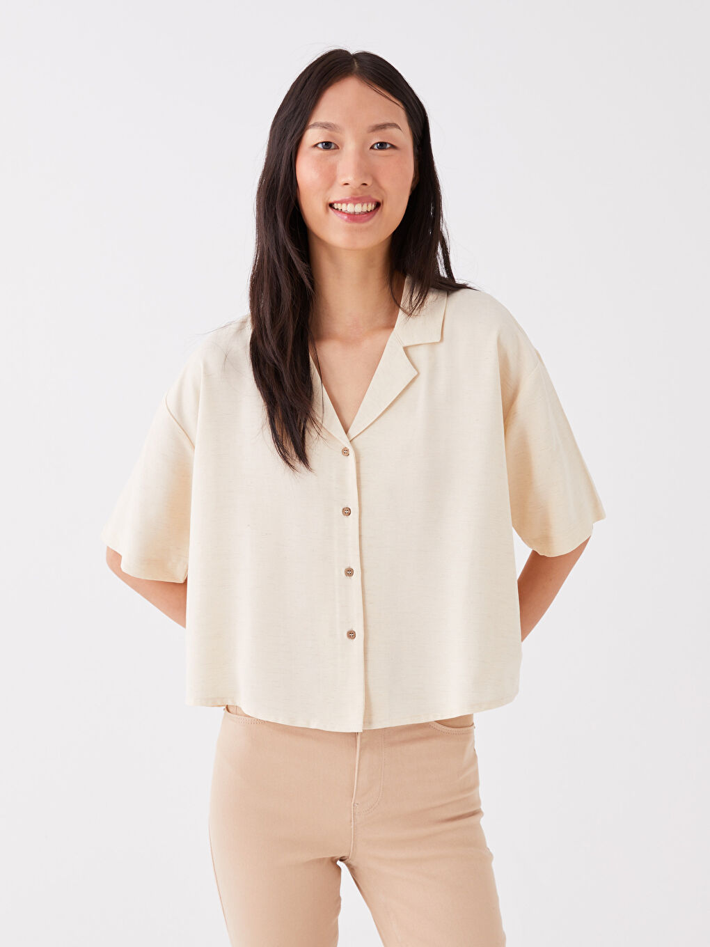 Plain Short Sleeve Linen Blend Women's Shirt