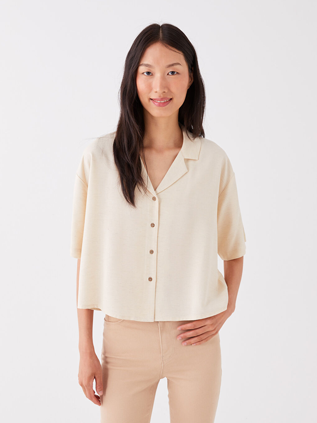 Plain Short Sleeve Linen Blend Women's Shirt-1