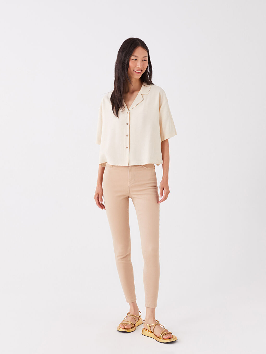 Plain Short Sleeve Linen Blend Women's Shirt-2