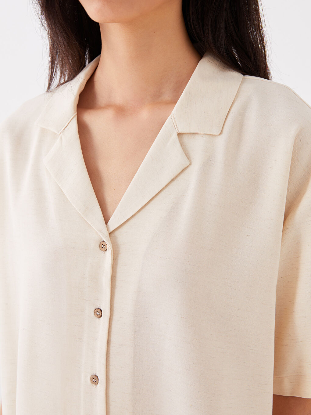 Plain Short Sleeve Linen Blend Women's Shirt-3