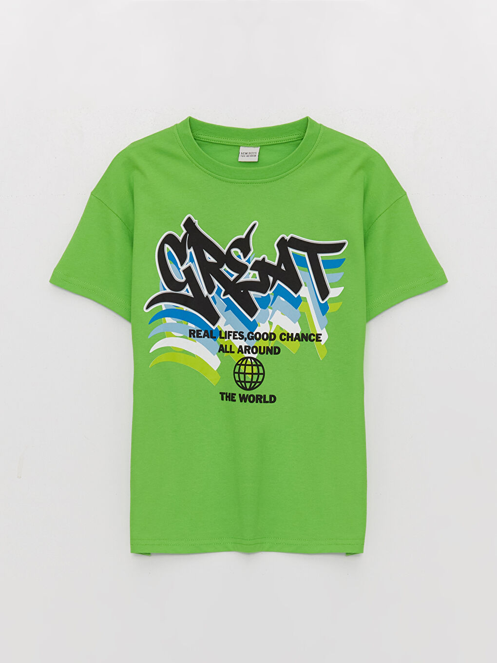 Yeşil Rahat Kalıp Bisiklet Yaka Baskılı Erkek Çocuk Tişört
