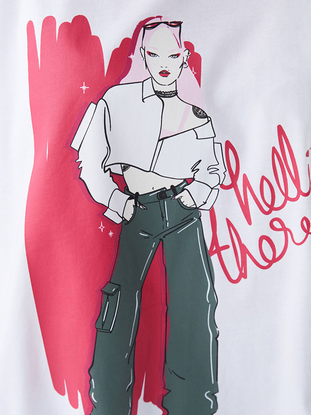 Beyaz Bisiklet Yaka Baskılı Kısa Kollu Kadın Tişört-2