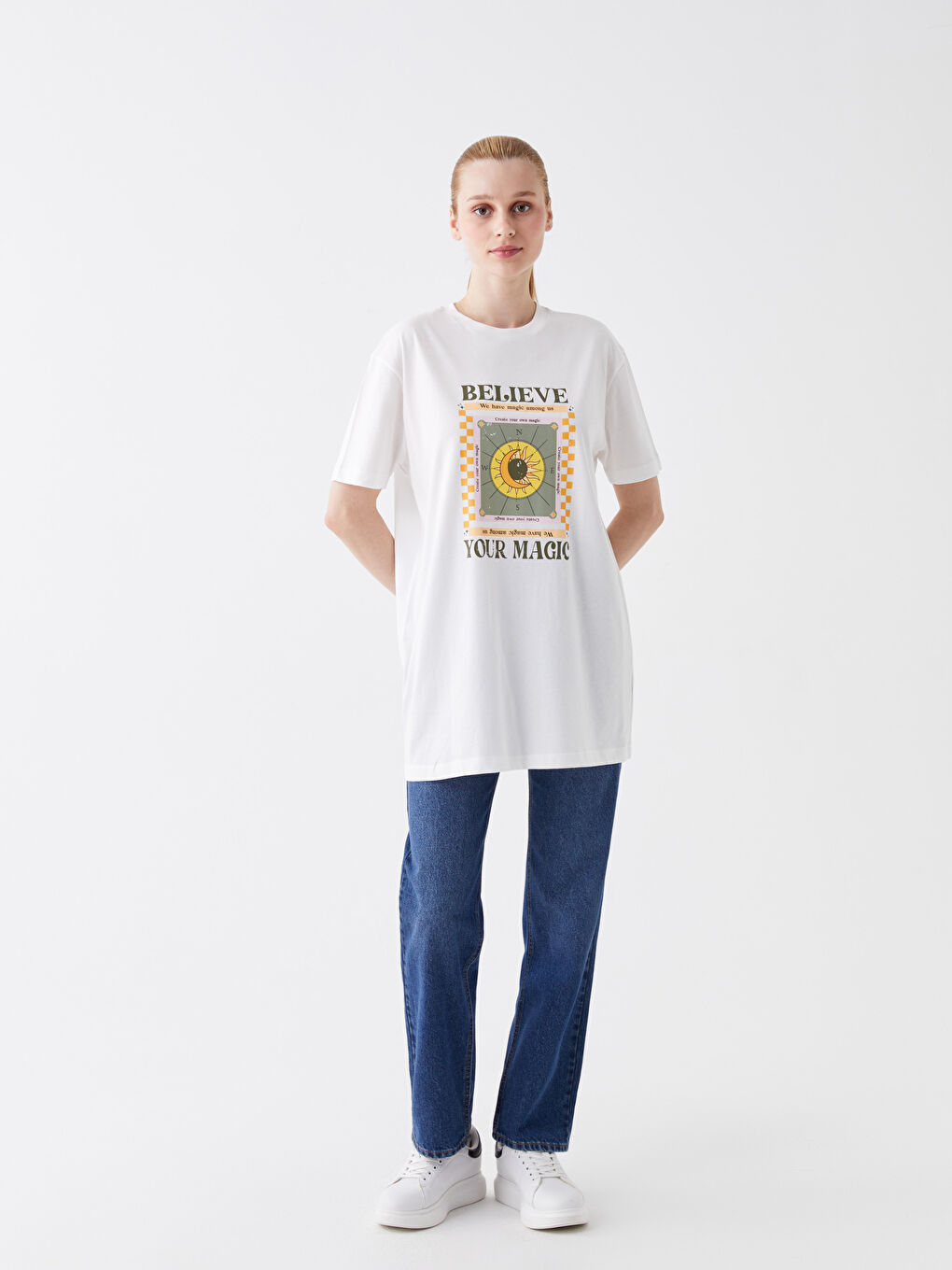 Ekru Bisiklet Yaka Baskılı Kısa Kollu Oversize Kadın Tunik-2