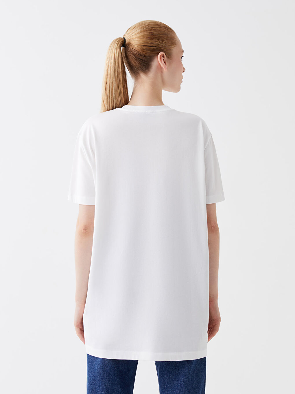 Ekru Bisiklet Yaka Baskılı Kısa Kollu Oversize Kadın Tunik-4