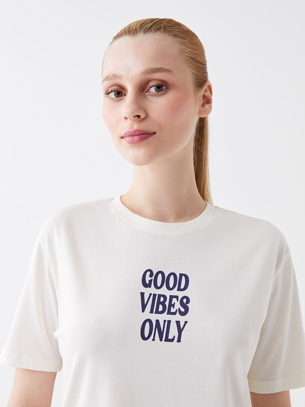 Ekru Bisiklet Yaka Baskılı Kısa Kollu Oversize Kadın Tunik