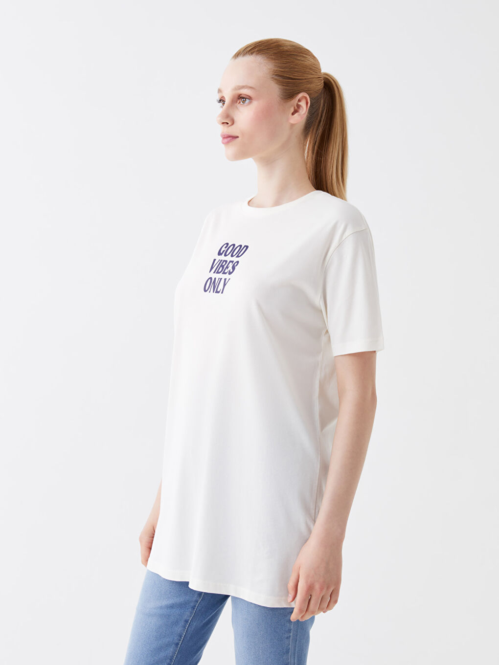 Ekru Bisiklet Yaka Baskılı Kısa Kollu Oversize Kadın Tunik-1