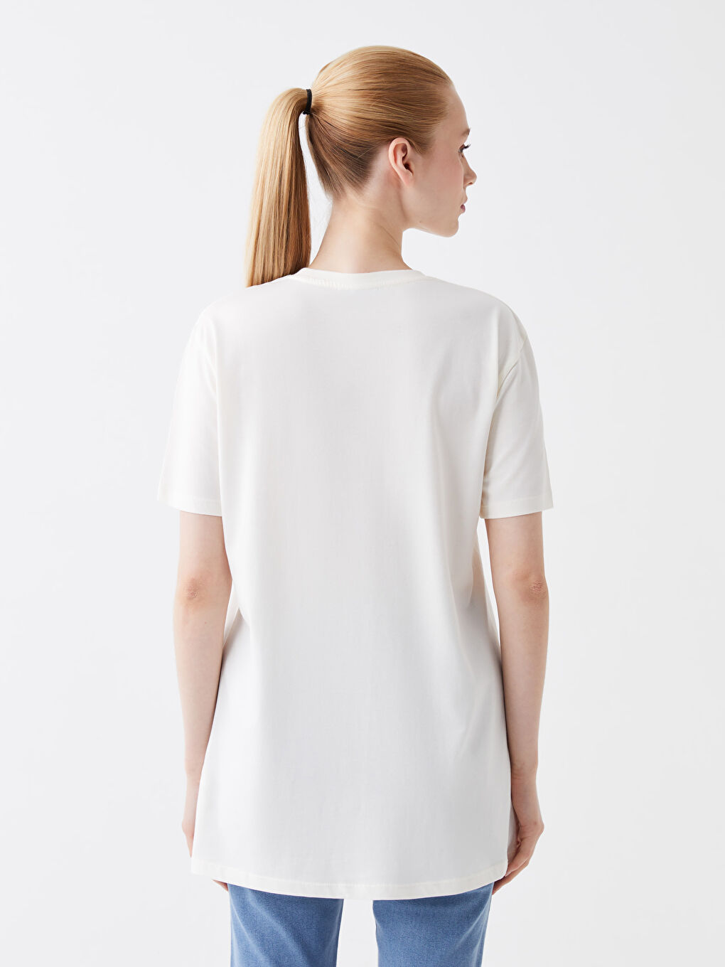 Ekru Bisiklet Yaka Baskılı Kısa Kollu Oversize Kadın Tunik-4