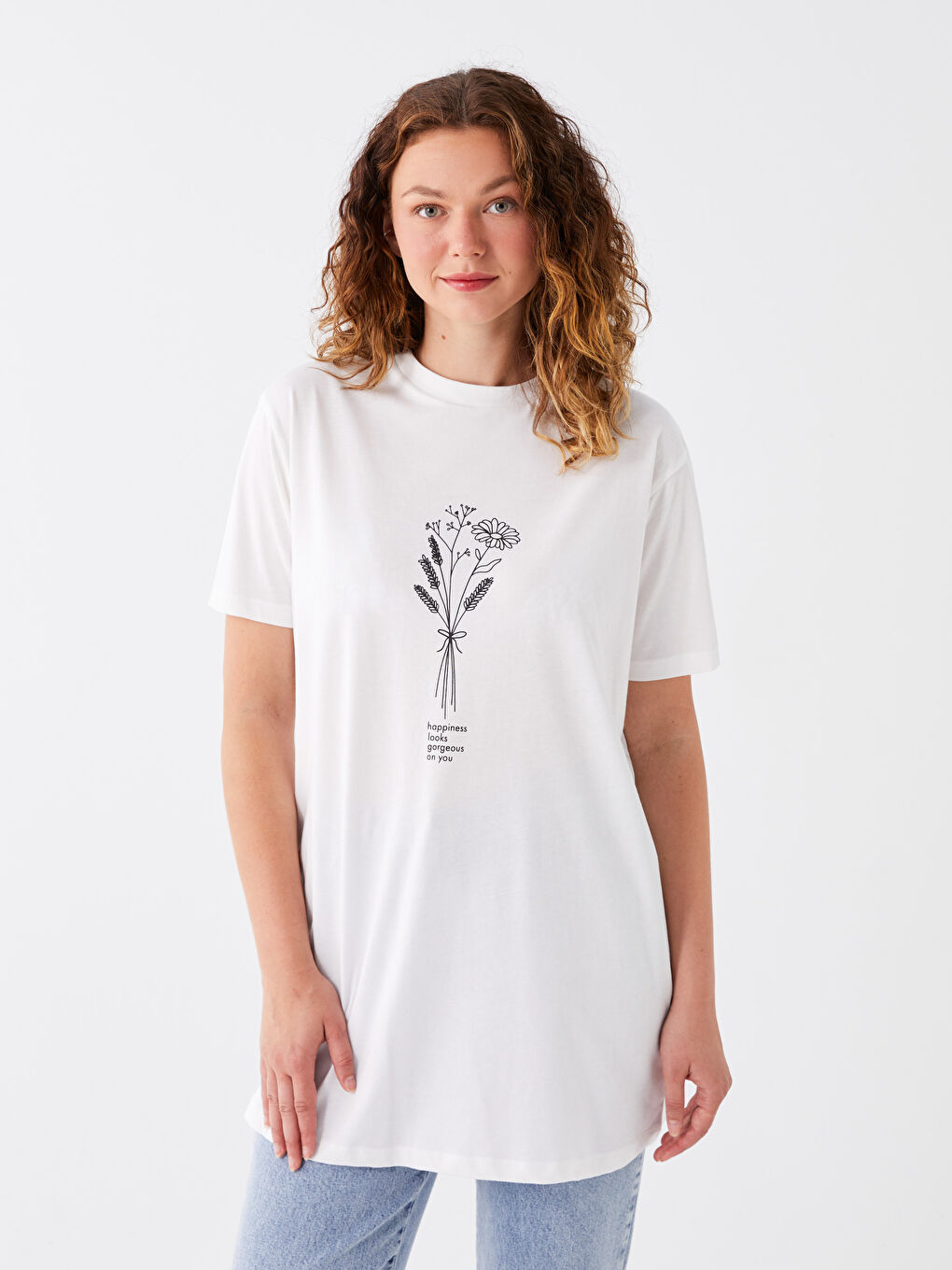 Ekru Bisiklet Yaka Baskılı Kısa Kollu Oversize Kadın Tunik