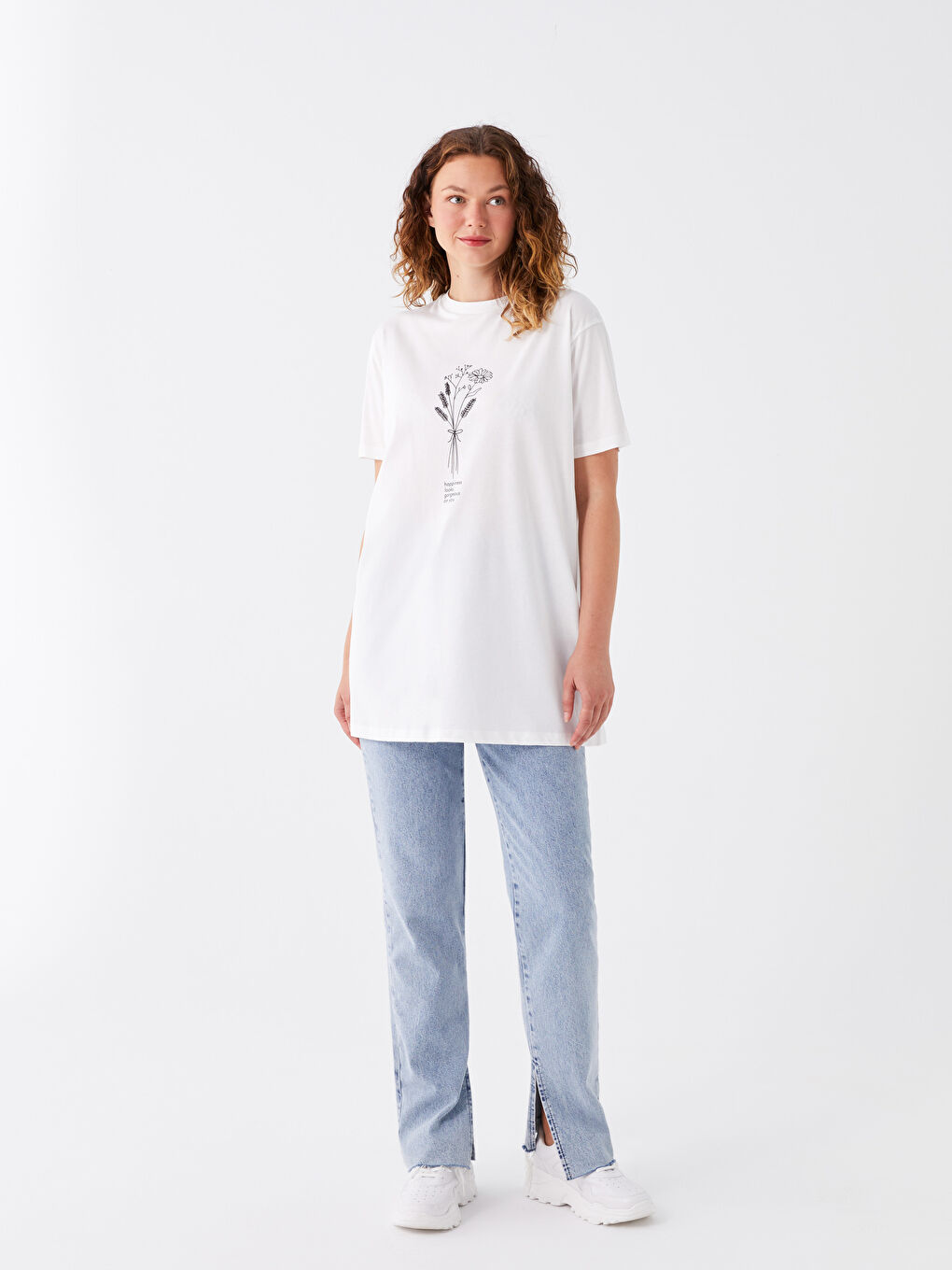 Ekru Bisiklet Yaka Baskılı Kısa Kollu Oversize Kadın Tunik-1