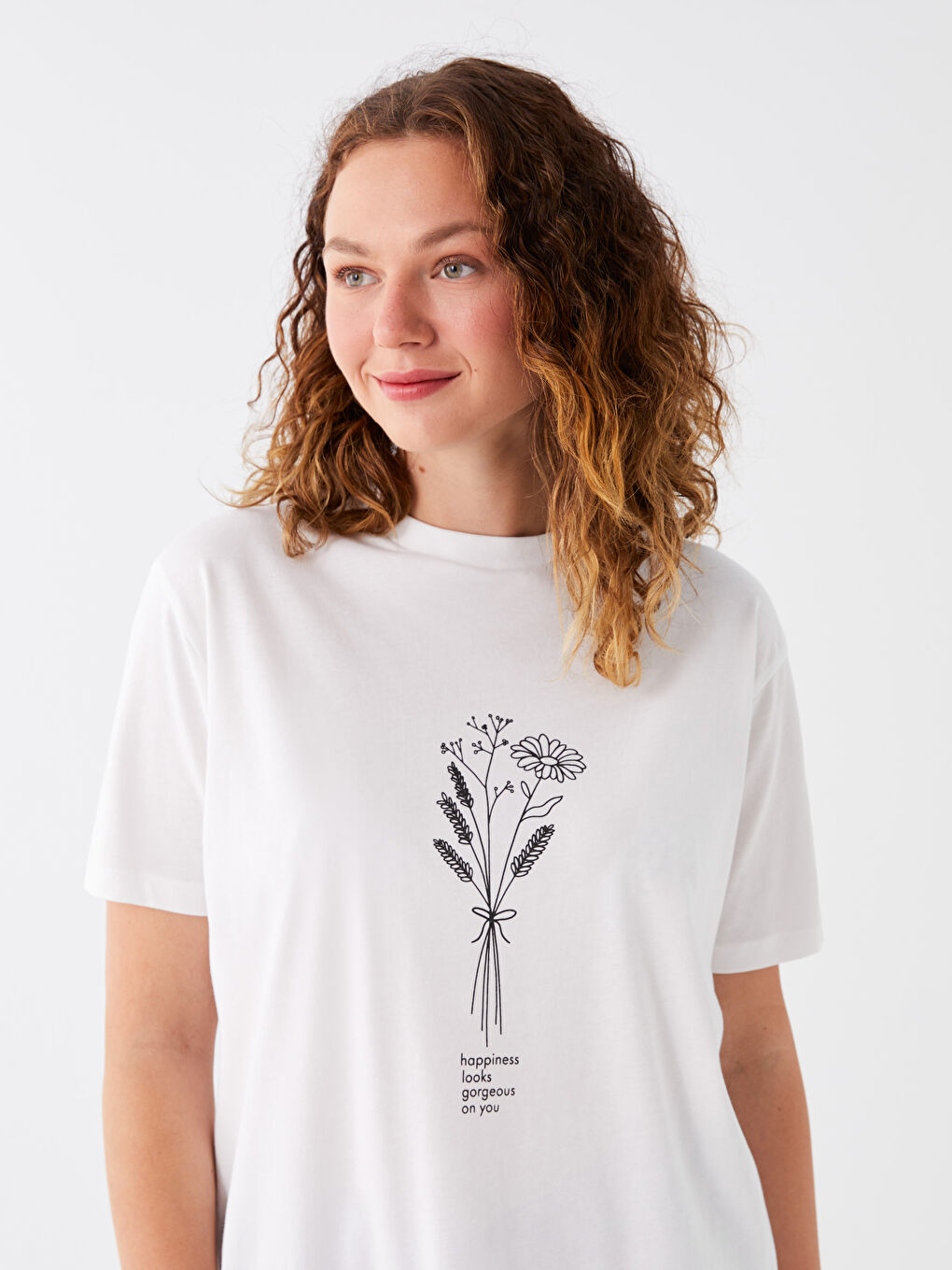 Ekru Bisiklet Yaka Baskılı Kısa Kollu Oversize Kadın Tunik-2