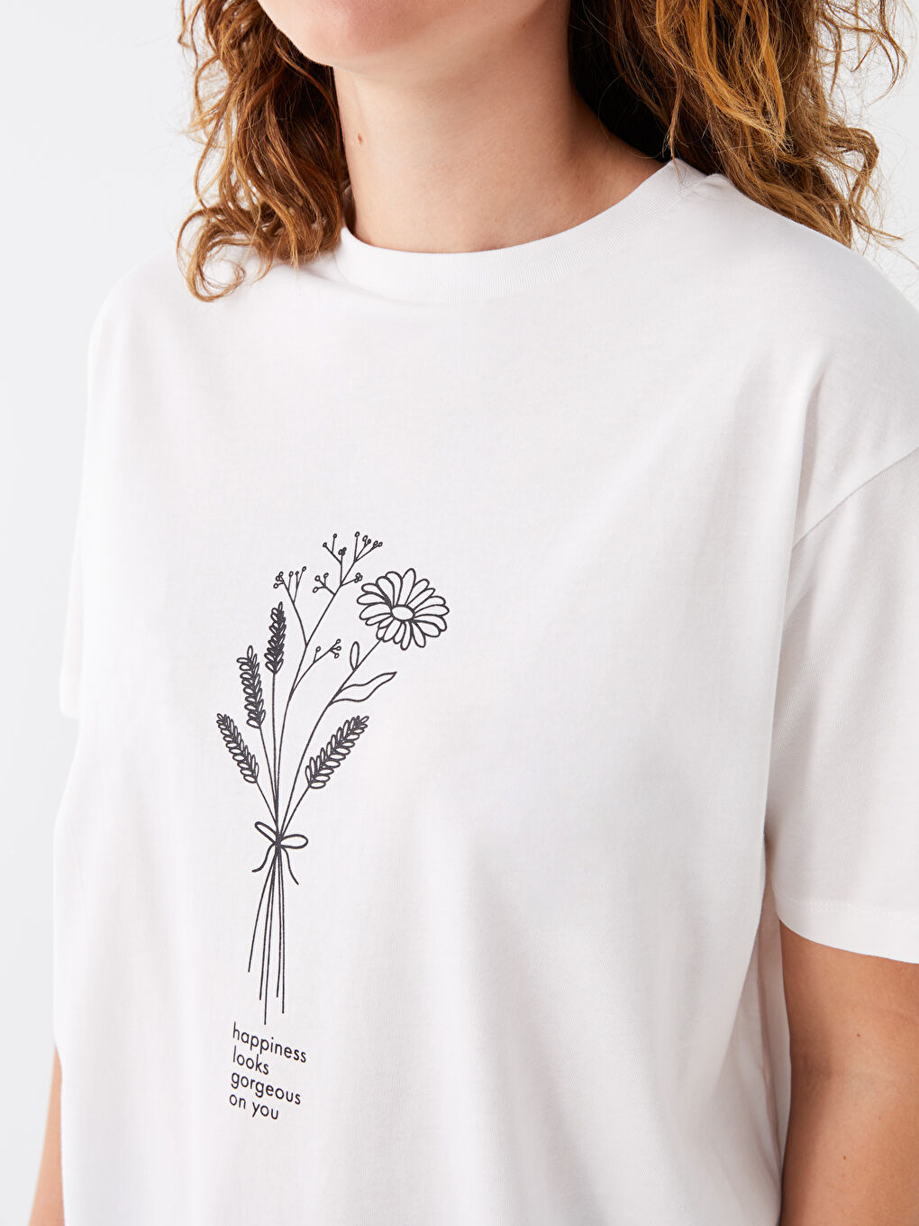 Ekru Bisiklet Yaka Baskılı Kısa Kollu Oversize Kadın Tunik-3