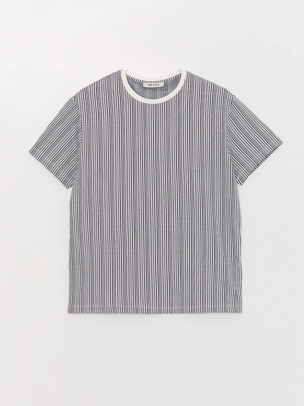 Bej Bisiklet Yaka Kısa Kollu Çizgili Erkek Tişört-5