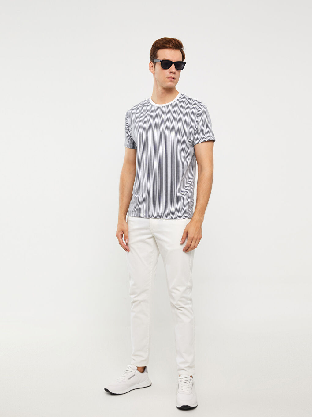 Ekru Bisiklet Yaka Kısa Kollu Çizgili Erkek Tişört-1