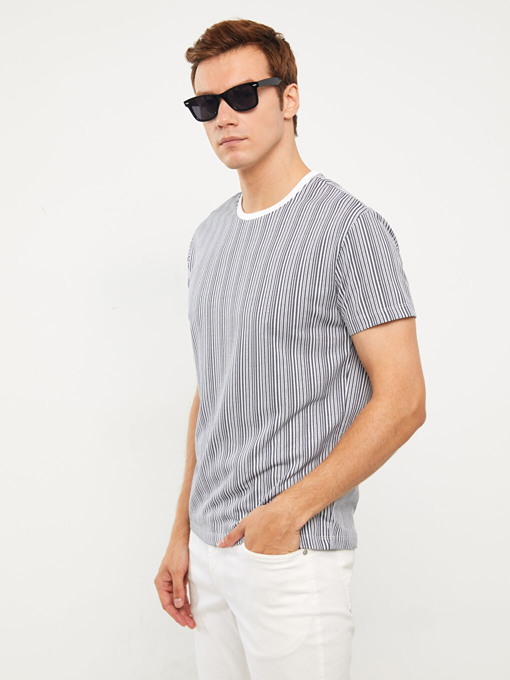 Ekru Bisiklet Yaka Kısa Kollu Çizgili Erkek Tişört-2