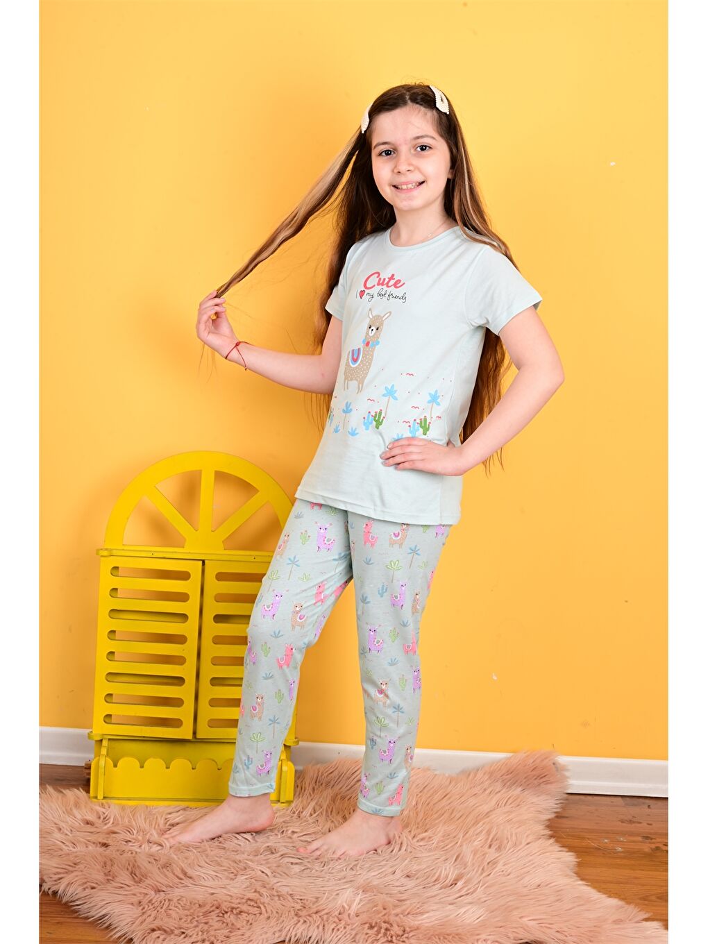 Vitmo Mint Yeşili Bisiklet Yaka Baskılı Kısa Kollu Kız Çocuk Pijama Takımı - 1