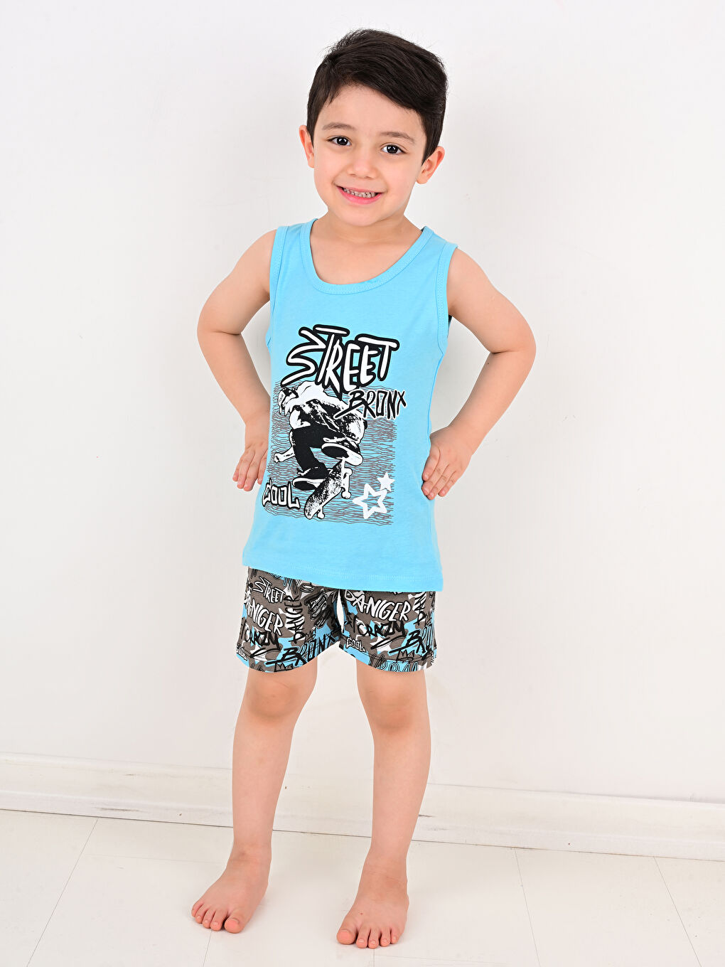 Turkuaz Bisiklet Yaka Baskılı Erkek Çocuk Şortlu Pijama Takımı