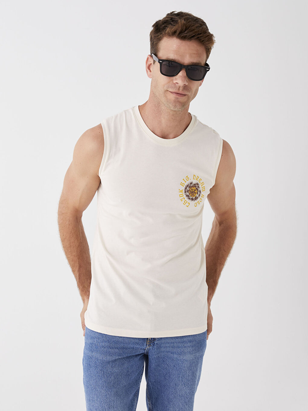 Ekru Bisiklet Yaka Baskılı Erkek Kolsuz Tişört