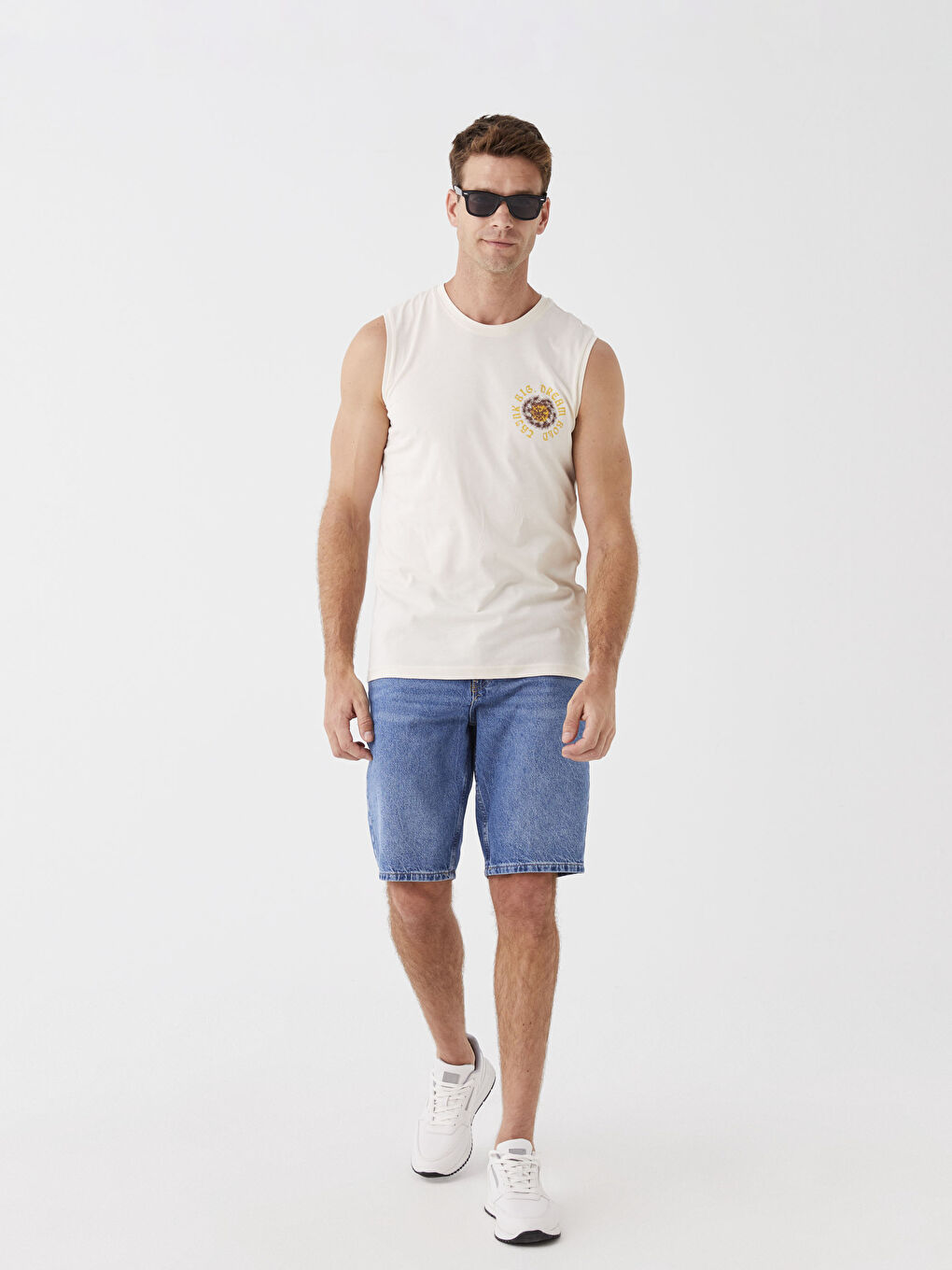 Ekru Bisiklet Yaka Baskılı Erkek Kolsuz Tişört-1