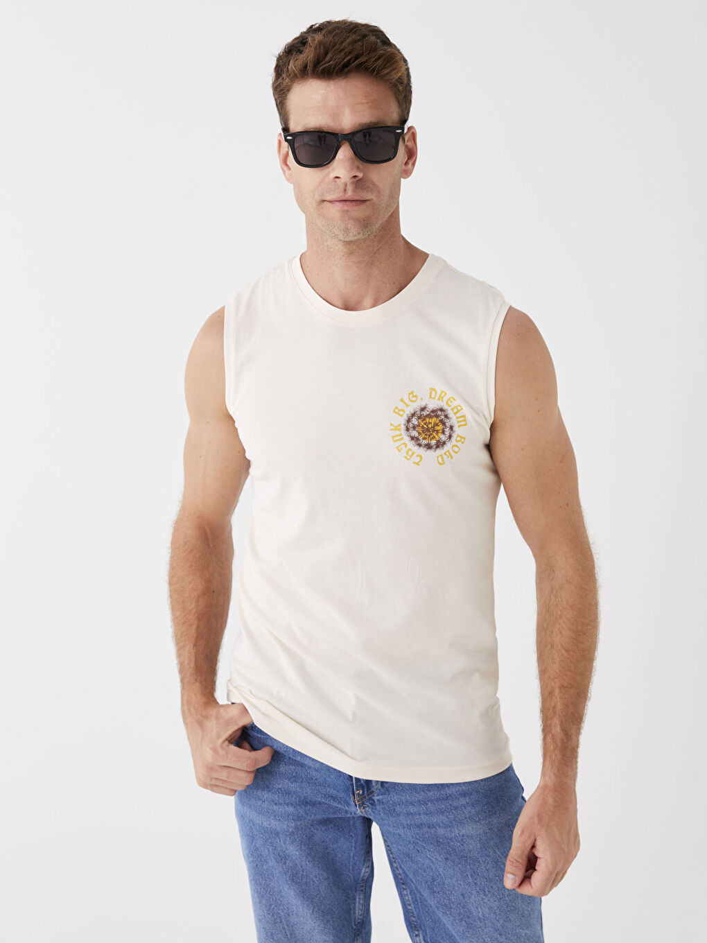 Ekru Bisiklet Yaka Baskılı Erkek Kolsuz Tişört-2