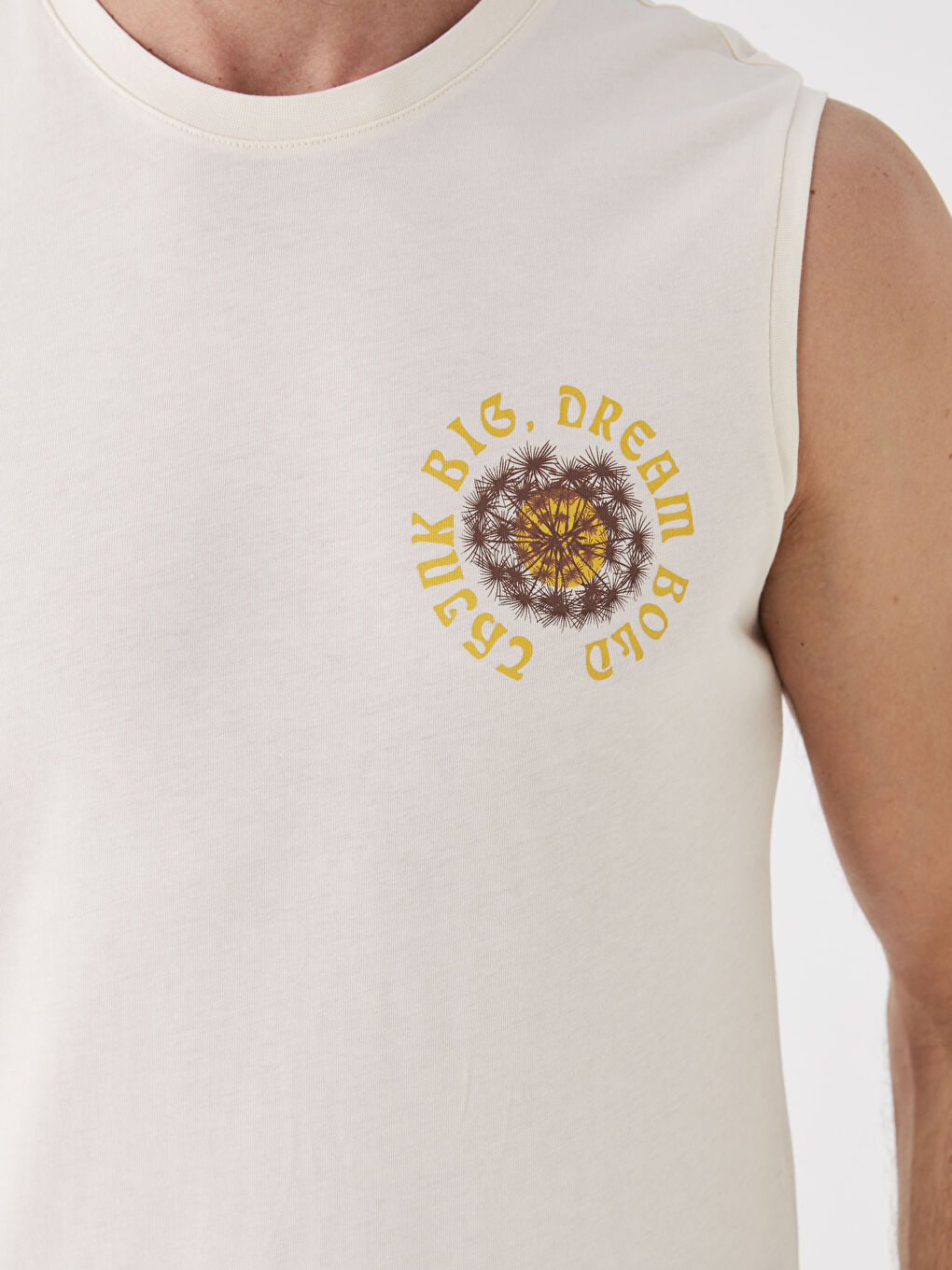 Ekru Bisiklet Yaka Baskılı Erkek Kolsuz Tişört-3