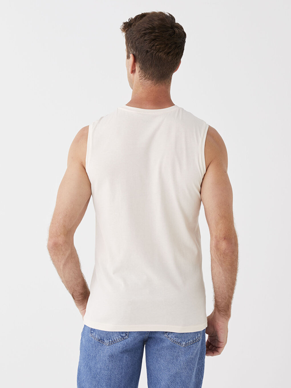 Ekru Bisiklet Yaka Baskılı Erkek Kolsuz Tişört-4