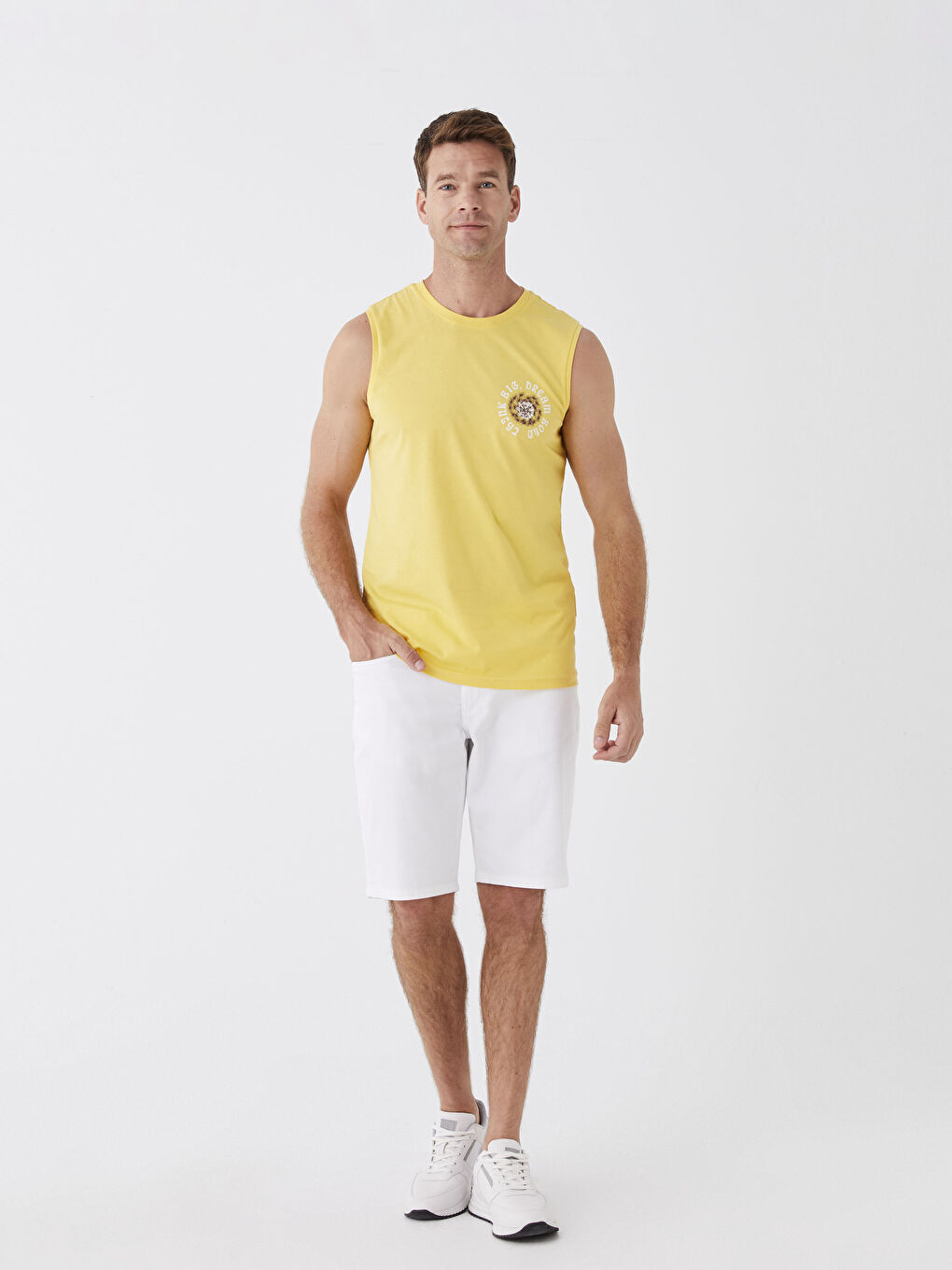 Sarı Bisiklet Yaka Baskılı Erkek Kolsuz Tişört-1