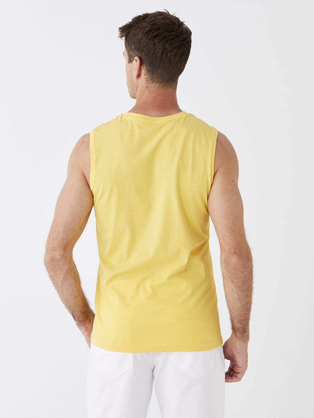 Sarı Bisiklet Yaka Baskılı Erkek Kolsuz Tişört-4