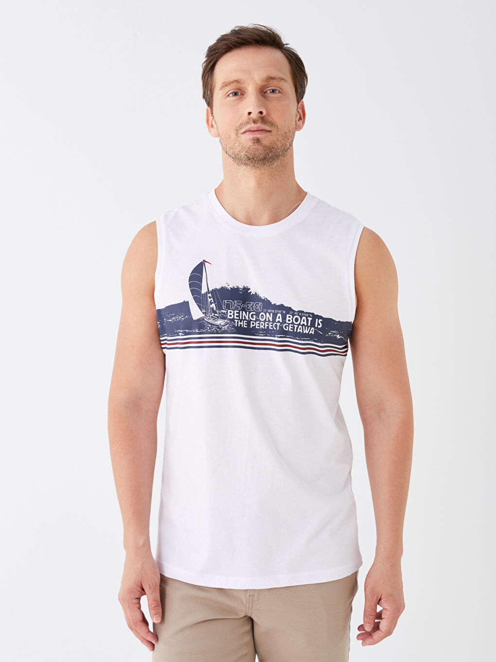 Beyaz Bisiklet Yaka Baskılı Penye Erkek Kolsuz Tişört