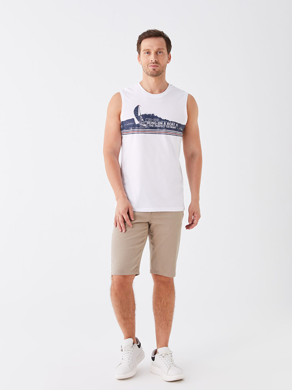 Beyaz Bisiklet Yaka Baskılı Penye Erkek Kolsuz Tişört-2