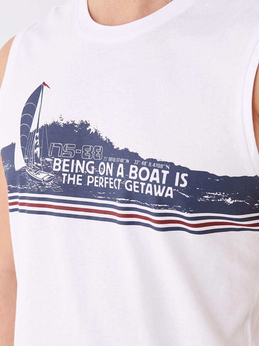 Beyaz Bisiklet Yaka Baskılı Penye Erkek Kolsuz Tişört-3