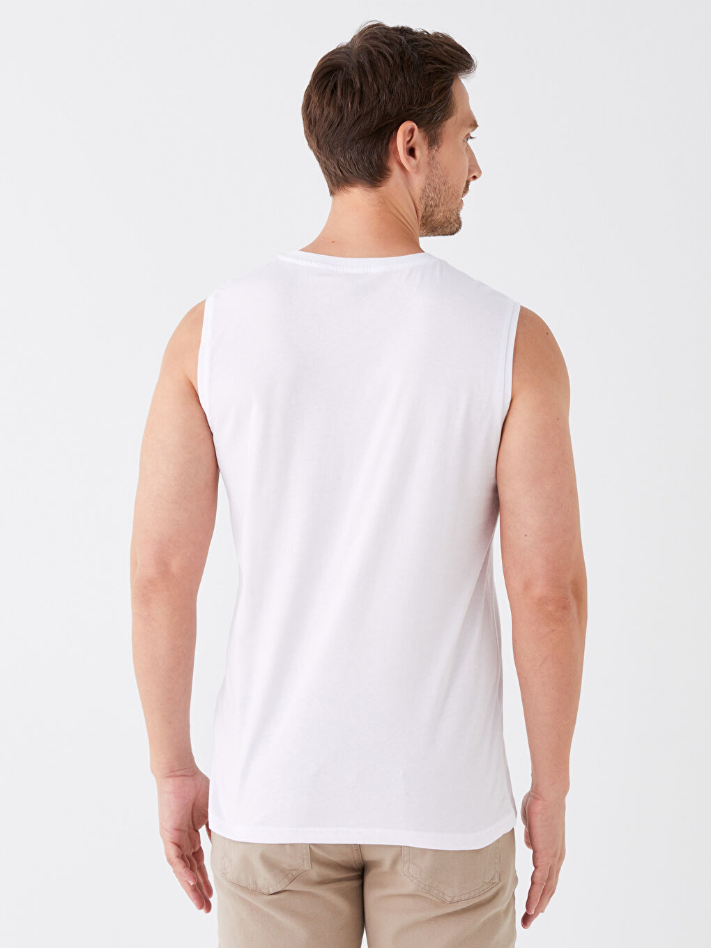 Beyaz Bisiklet Yaka Baskılı Penye Erkek Kolsuz Tişört-4