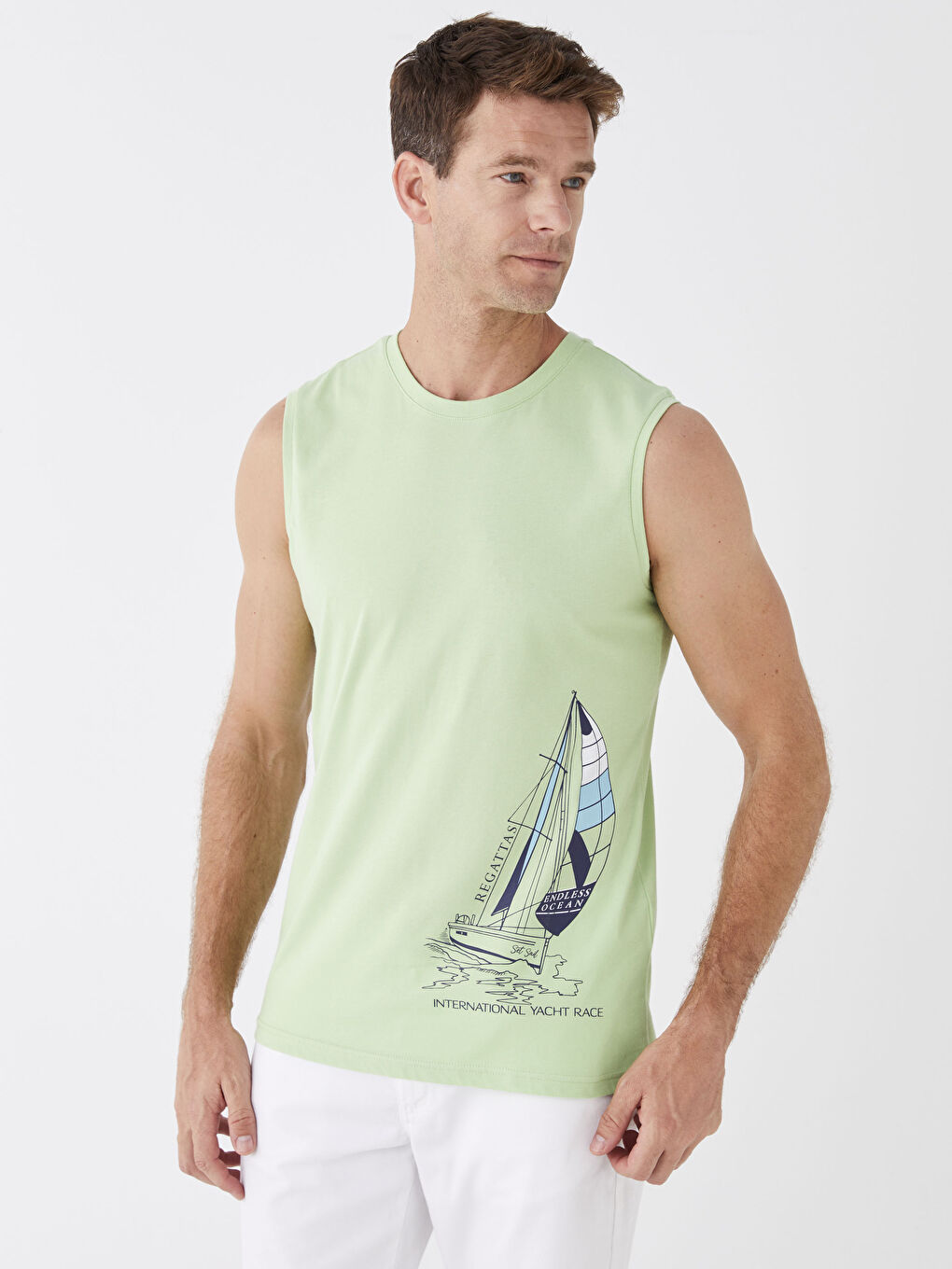 Yeşil Bisiklet Yaka Baskılı Penye Erkek Kolsuz Tişört