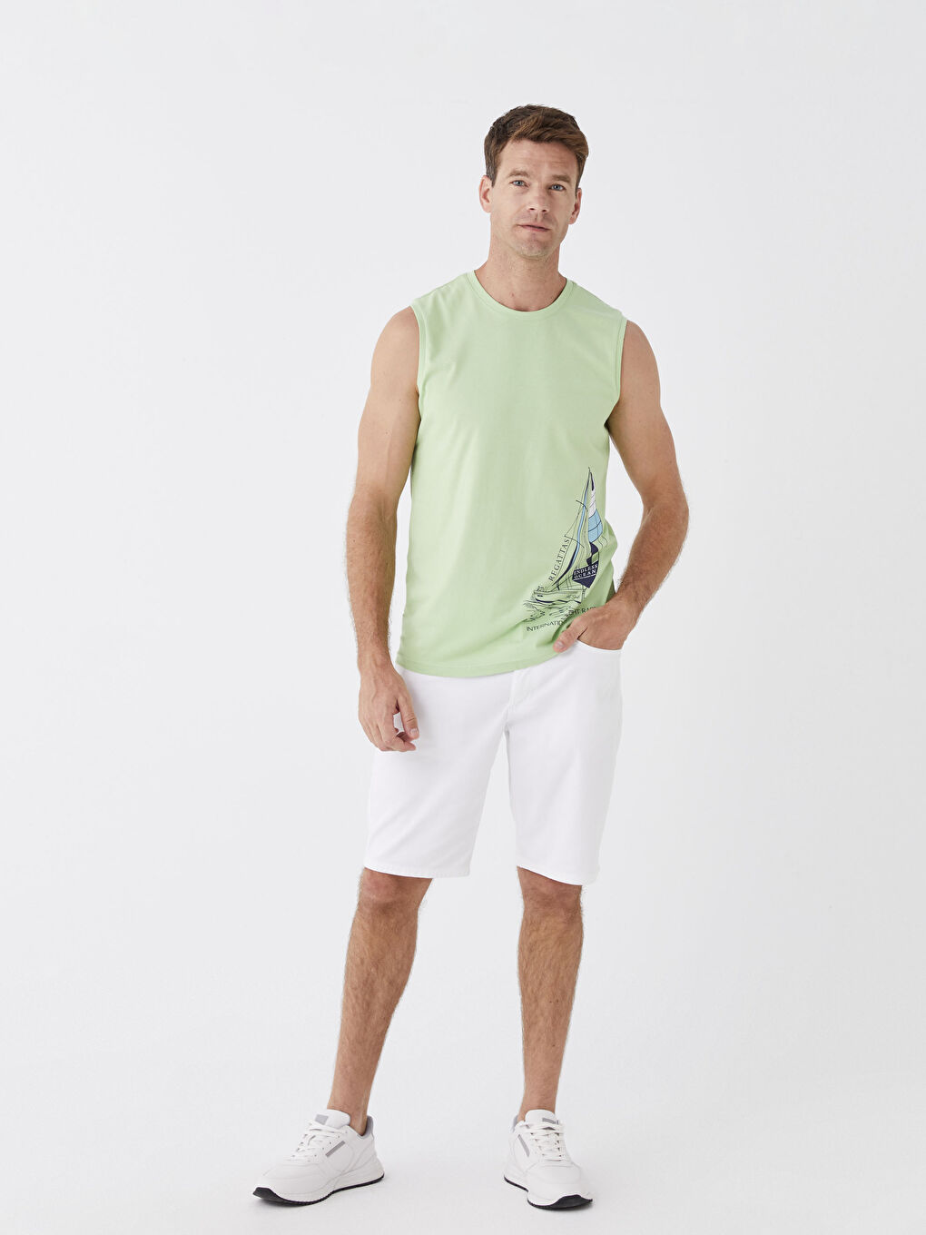 Yeşil Bisiklet Yaka Baskılı Penye Erkek Kolsuz Tişört-1