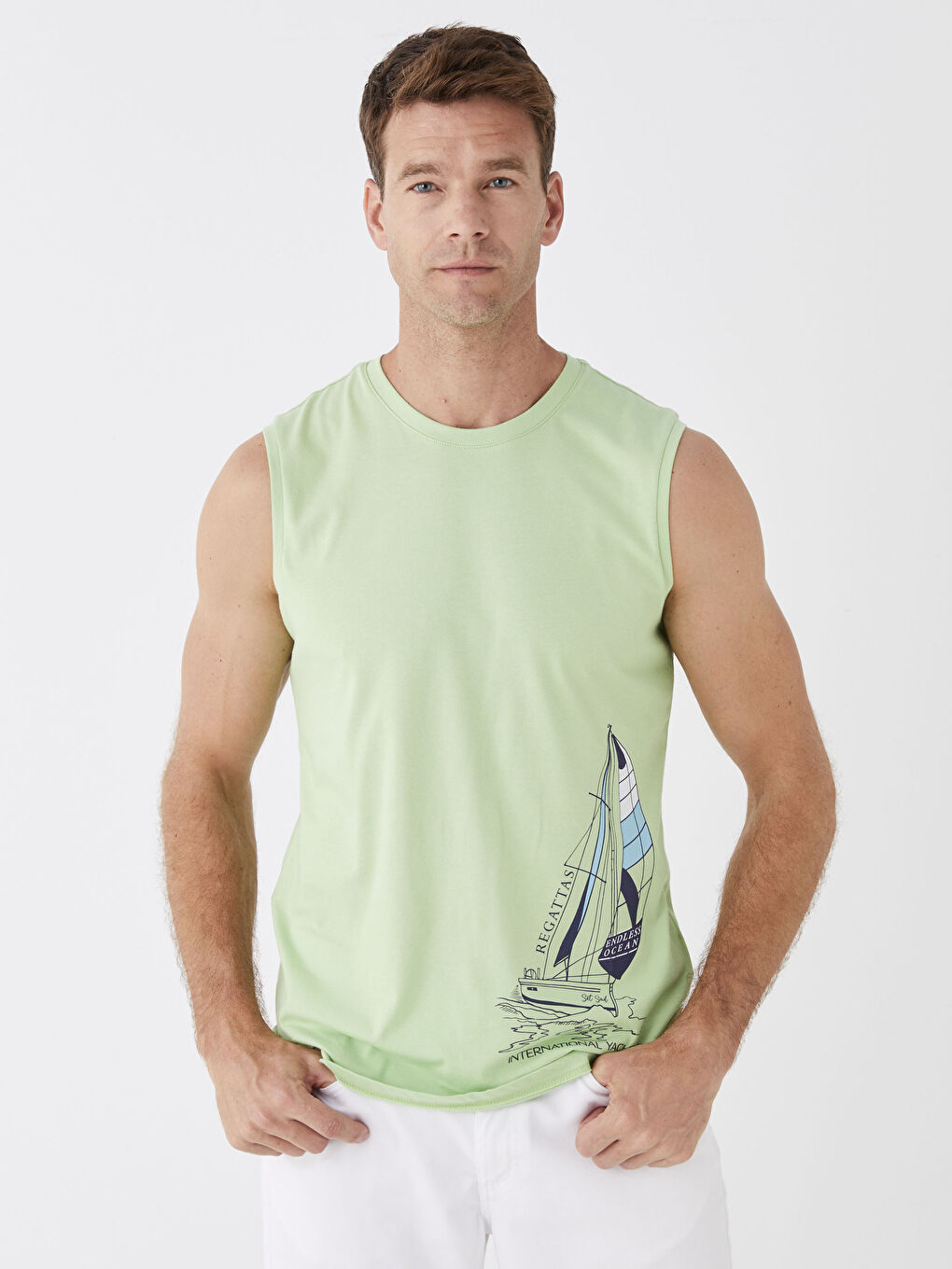 Yeşil Bisiklet Yaka Baskılı Penye Erkek Kolsuz Tişört-2