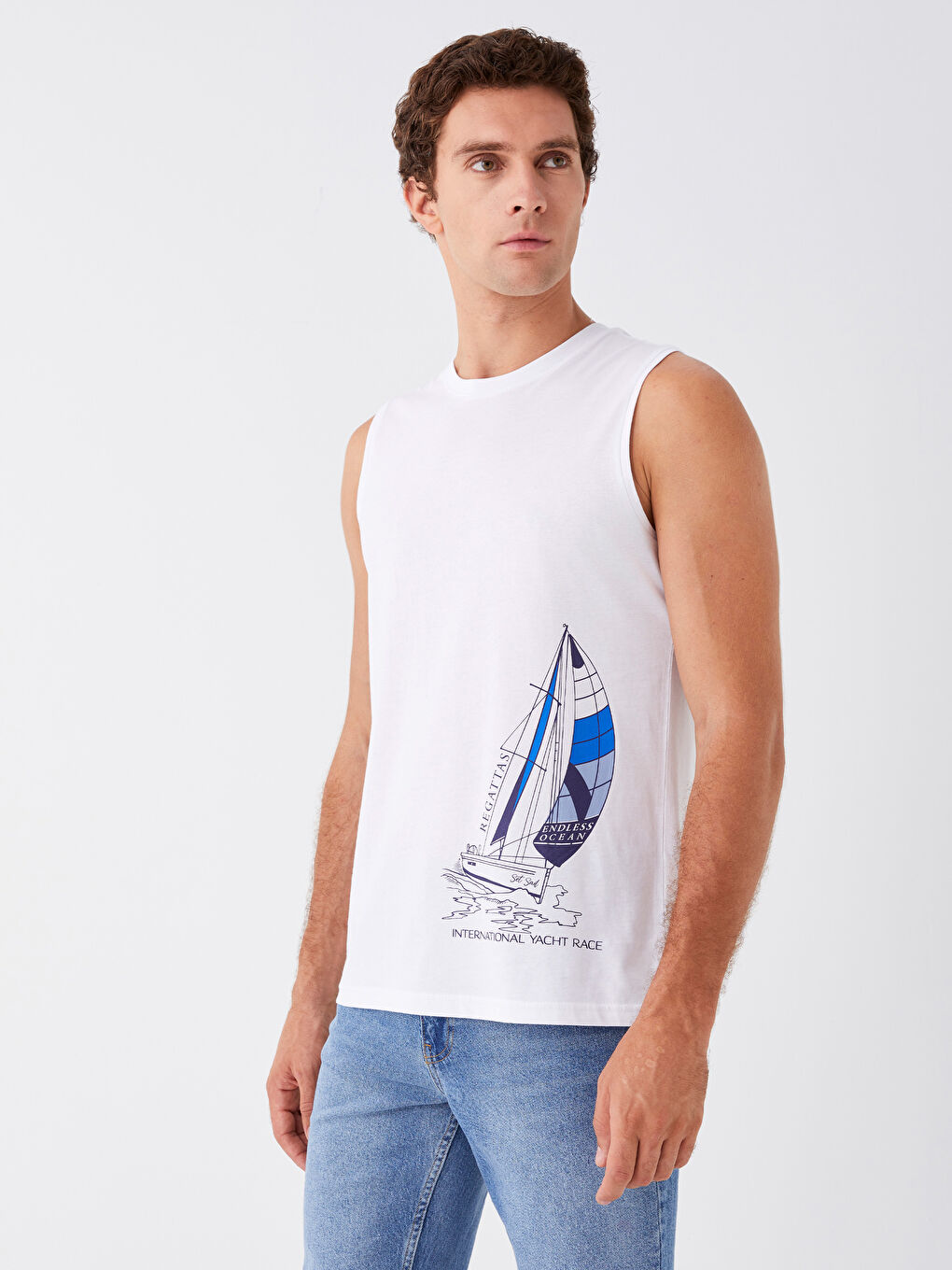 Beyaz Bisiklet Yaka Baskılı Penye Erkek Kolsuz Tişört