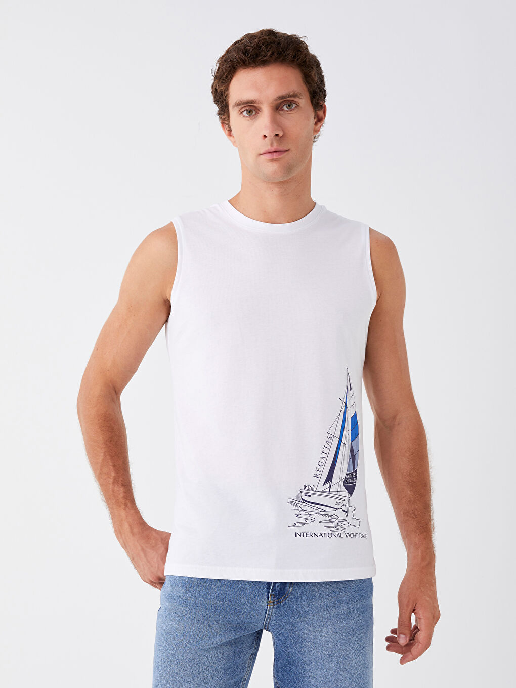 Beyaz Bisiklet Yaka Baskılı Penye Erkek Kolsuz Tişört-1