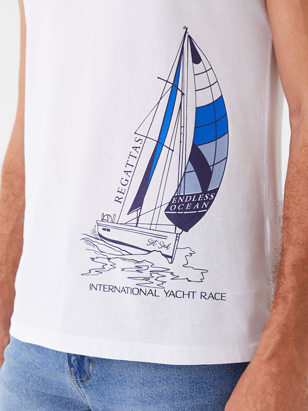 Beyaz Bisiklet Yaka Baskılı Penye Erkek Kolsuz Tişört-3