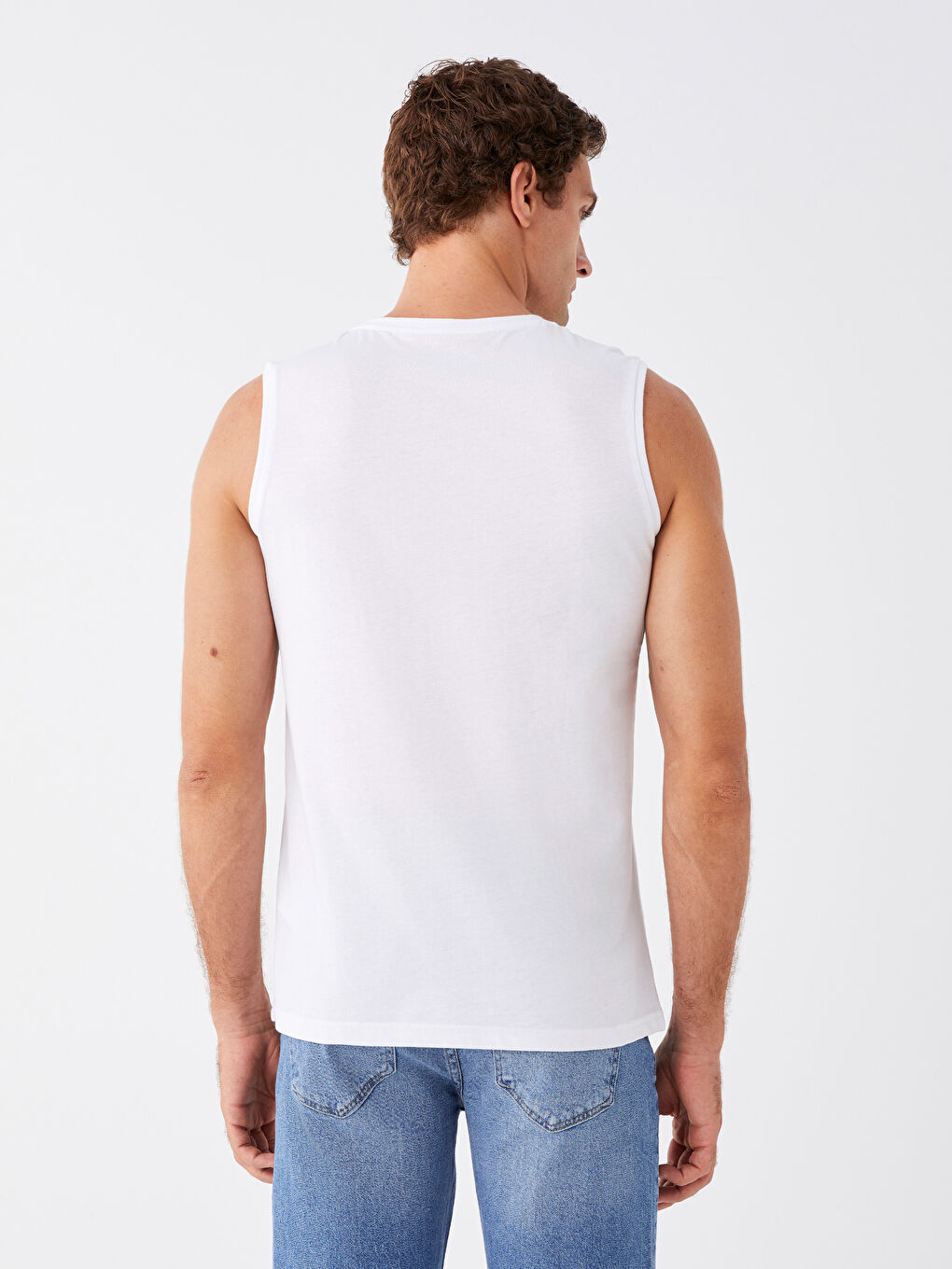 Beyaz Bisiklet Yaka Baskılı Penye Erkek Kolsuz Tişört-4