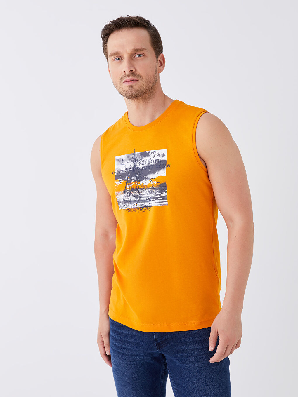 Turuncu Bisiklet Yaka Baskılı Erkek Kolsuz Tişört