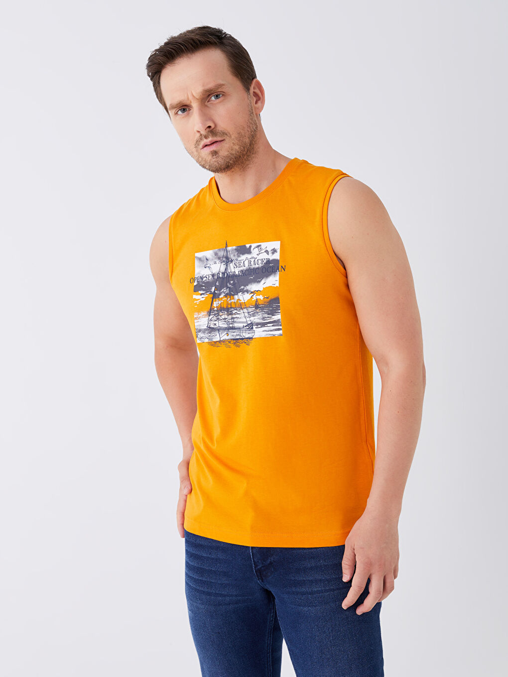 Turuncu Bisiklet Yaka Baskılı Erkek Kolsuz Tişört-1