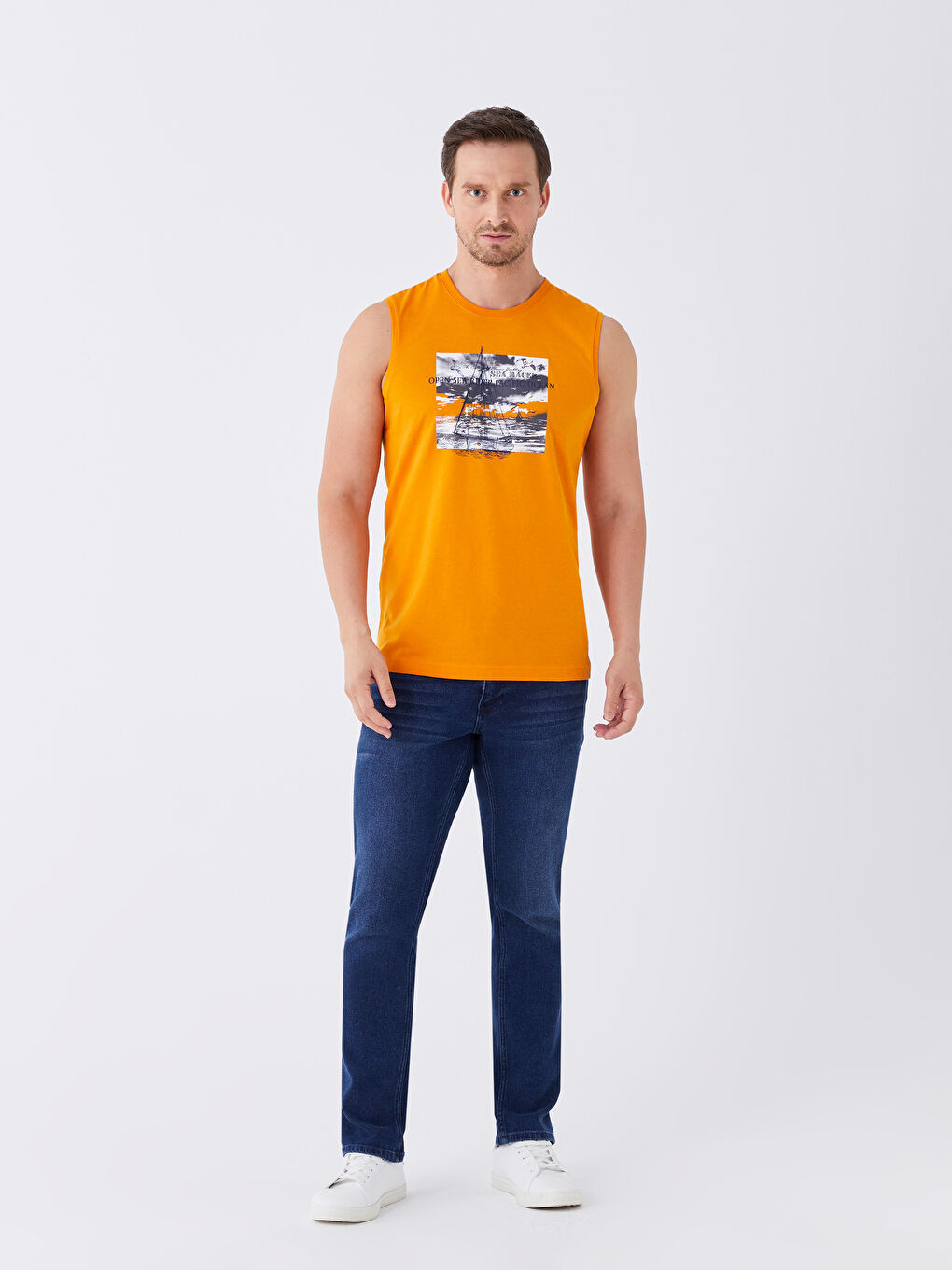 Turuncu Bisiklet Yaka Baskılı Erkek Kolsuz Tişört-2