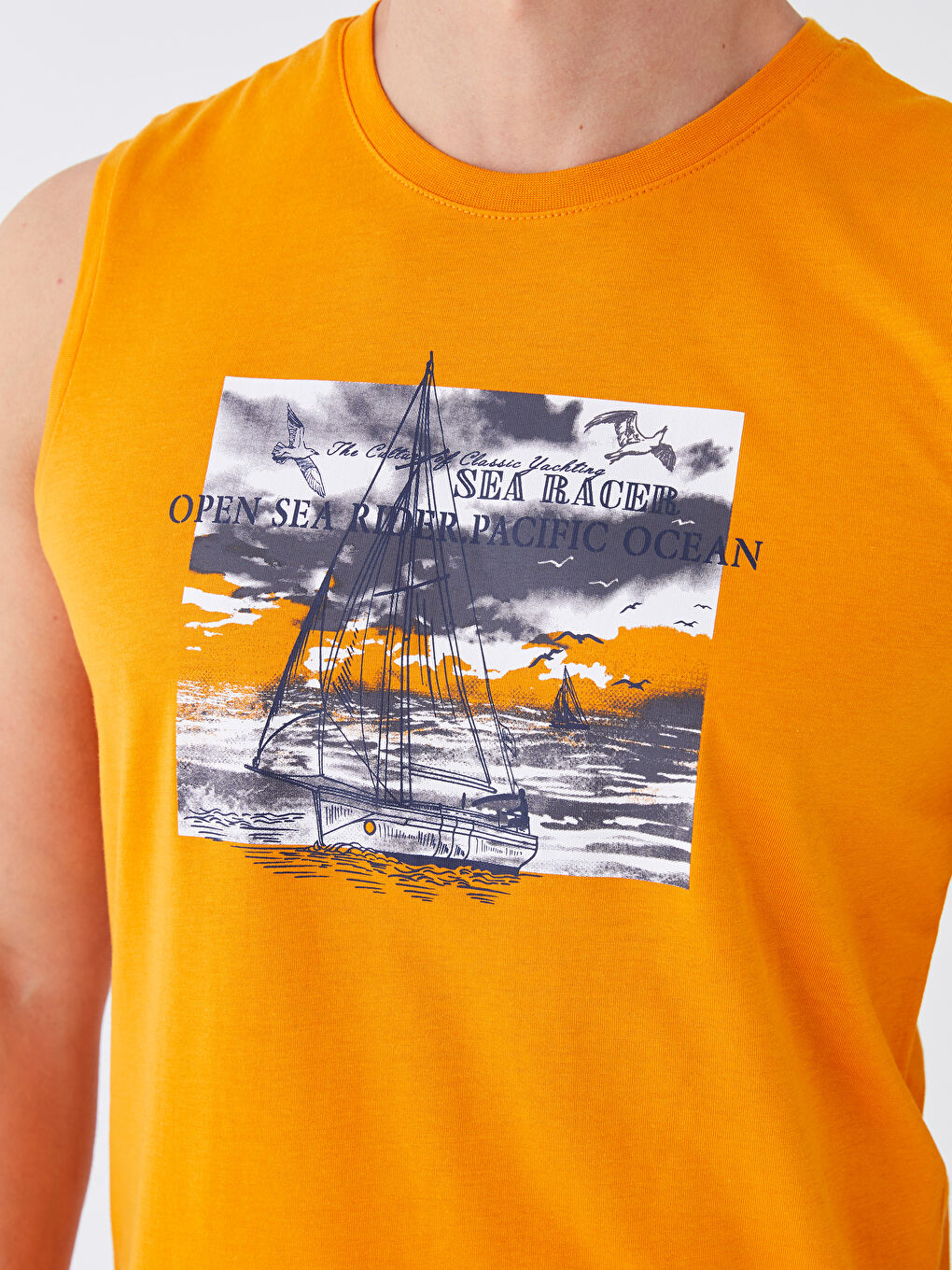 Turuncu Bisiklet Yaka Baskılı Erkek Kolsuz Tişört-3